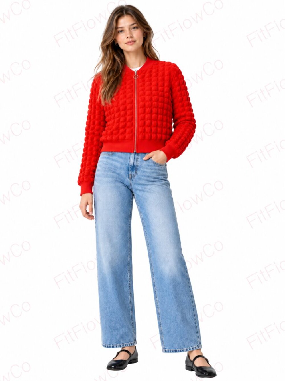 Jolie & Joy Junior XL Red Orange Bubble Textured Bomber Jacket Zip NWT